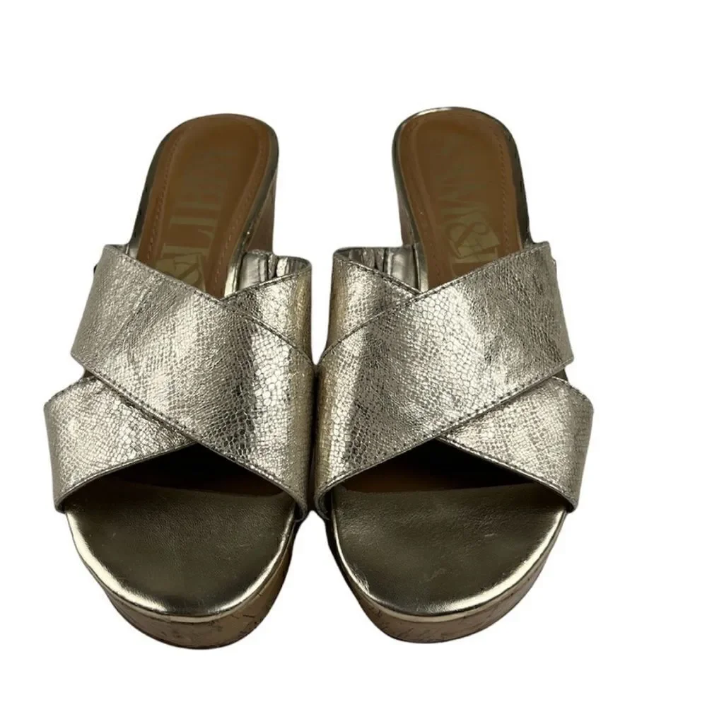 Sam & Libby Metallic Gold Cork Platform Wedge Heels Open Toe Sandals size 8